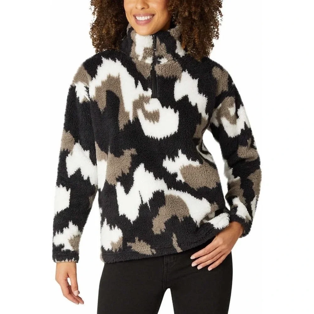 Eddie Bauer Fleece Pullover Women Size XL Black Camo Plush 1/4 Zip Soft Jacket
